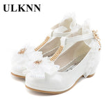 Christmas Gift Children Party Leather Shoes Girls PU Low Heel Lace Flower Kids Shoes For Girls Single Shoes Dance Dress shoe White Pink