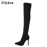 Christmas Gift  2022 Fashion Stretch Fabric Sock Boots Pointy Toe Over-the-Knee Heel Thigh High Pointed Toe Woman Boot size 35-42
