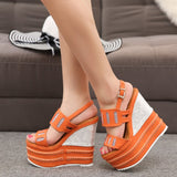Lourdasprec Christmas Gift 16cm High Heel Sandals Women Wedges Summer Shoes Ladies New Strew Heel Strap Sandal