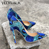 LOURDASPREC Snake Printing Leather Women Super High Heels Sexy Ladies Pointed Toe Stiletto Pumps Slip on Heeled Party Shoes Blue