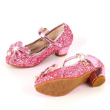 Lourdasprec  Princess Kids Leather Shoes For Girls Flower Casual Glitter Children High Heel Girls Shoes Butterfly Knot Blue Pink Silver