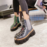 Lourdasprec Apanzu Chelsea Boots Women Sequins Bling Green Colorful Ankle Boots Platform Nightclub Lace Pearl Round Toe Shoes Short Boots