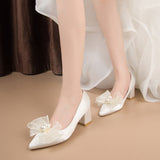 Lourdasprec Rimocy White Pearls Mesh Bow Wedding Shoes Women 2022 New Bride Point Toe Square Heels Pumps Female Elegant Party Shoes Ladies