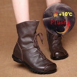 Christmas Gift Genuine Leather Plush women's short Boots Retro Casual Autumn Winter Women's Boots Waterproof leather warm Snow boots