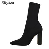 Christmas Gift  Comfort Stretch Women Sock Boots Square High Heel Ankle Boots Fashion Pointed Toe Fall Stretch Shoes Black Big Size 2022