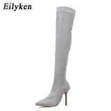 Christmas Gift 2022 Fashion Runway Crystal Stretch Fabric Sock Boots Pointy Toe Over-the-Knee Heel Thigh High Pointed Toe Woman Boot