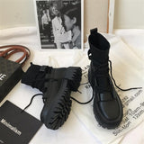 HOUZHOU Women's Ankle Boots Platforms 2021 Mid-Calf Knitted PU Punk Style Shoes Gothic Black Autumn Winter Harajuku
