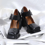 Lolita Shoes Spring Women's Patent Leather Square Toe High-heeled Leather Shoes Retro Buckle Platform Platform Shoes Black Heels