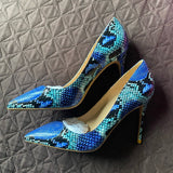 LOURDASPREC Snake Printing Leather Women Super High Heels Sexy Ladies Pointed Toe Stiletto Pumps Slip on Heeled Party Shoes Blue