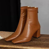 Rimocy Vintage Square Toe High Heels Ankle Boots for Women Brown Pu Leather Zipper Short Boots Woman Autumn Thick Heel Booties