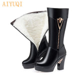 Christmas Gift  Women Long Shoes Platform High Heel 2022 New Winter Boots Women Cow Leather Thick Wool Fashion footwear with thick Heel
