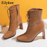 Christmas Gift Size 35-42 Women Square Head Ankle Boots Fashion Cross Strap Square High Heels Winter Shoes Zipper Office Lady Boots