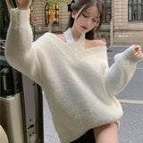 Lourdasprec-Japanese Korean Style Soft Girl Beige Oversized Knit Sweater Dress