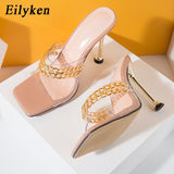 Christmas Gift New Summer Pumps Fashion Chain Slippers Sandals Shoes Women Thin High Heels Slip On Square Toe Mules Slides Ladies Shoes