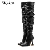 Christmas Gift  New Design Pleated Leather Over The Knee Boots Fashion Runway Strange High Heels Sexy Pointed Toe Zip Womans Shoes