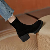 Lourdasprec Apanzu Women Suede Ankle Boots Retro Warm And Velvet Boots Vintage Block Heel Ankle Boots Women Black Look Thin Stretch Boots