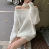 Lourdasprec-Japanese Korean Style Soft Girl Beige Oversized Knit Sweater Dress