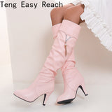Graduation Gift Big Sale PU Soft Leather Over Knee High Heels Boots Platform Warm Plush Woman 's Winter Long Boots Zapatos Mujer Black White Pink Boots