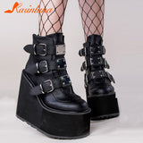 Lourdasprec New Female Fashion Metal Gothic Platform Boots Punk Cosplay Wedges High Heels Women Knee High Boots Stree Shoes Woman L16
