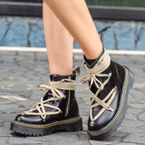 Black Platform Combat Ankle Boots for Women Lace Up Buckle Strap Woman Shoes Biker Boots Thigh High Leather Boots Botas De Mujer