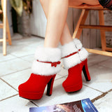 Christmas Gift Winter Women Boots Christmas Ankle Boots High Heels Ladies Shoes Femme Warm Short Boots Red Black Shoes Plus Size 35-43