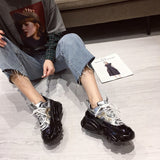 Christmas Gift 2022 Autumn New Chunky Sneakers Women Silver Patent Leather Punk Style High Platform Sneakers Woman Lace Up Casual Shoes Flat