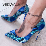 LOURDASPREC Snake Printing Leather Women Super High Heels Sexy Ladies Pointed Toe Stiletto Pumps Slip on Heeled Party Shoes Blue