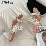 Christmas Gift New Transparent PVC String Bead Shoes Woman Fashion Open Toe Slippers Crystal Perspex Heels Slides Beach Sandale Femme
