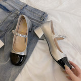 Lourdasprec Women Lolita Square Toe Leather Shoes Chunky Mid Heel Mary Jane Shoes School Uniform Dress Shoes