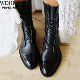 Christmas Gift New SHENGY Patent Leather British Style Flat Boots Black Pointed Toe Boots Handsome Motorcycle Boots Women's Boots
