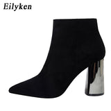 Christmas Gift Women Flock Leather short Boots Fashion Handmade Classic Pointed toe Metal Heels thick high Women Booties