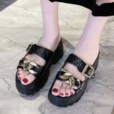 Lourdasprec Rimocy Metal Decoration Wedge Slippers Women Summer Fashion Buckle Chunky Platform Sandals Woman 2021 Comfortable Women Shoes