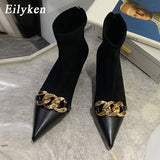 Christmas Gift Fashion Chain Decoration Women Ankle Boots Low Thin Heels Pointed Toe Pumps Shoes Zip Chelsea Short Bootties Black Brown