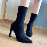 Lourdasprec New Fashion Women Sock Boots High Heels Pointed Toe Autumn Winter Slip On Calf Booties Plush Sexy Pumps Shoes