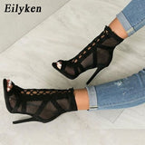 Christmas Gift  2022 Fashion Black Summer Sandals Lace Up Cross-tied Peep Toe High Heel Ankle Strap Net Surface Hollow Out Sandals