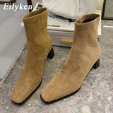Christmas Gift Women Winter Shoes Fashion High Quality Flock Square Toe Slip-On Ladies Ankle Boots Thick High Heels Pumps Size 35-40