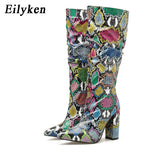 Christmas Gift Colorful Snake Skin Boots Women High Heels Thick Mid-calf Boot Distressed Pointed Toe Zip Shoe Pleated Boots Slouch 2021