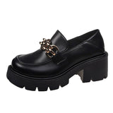Lourdasprec Metal Chain Platform Oxford Shoes Women 2021 Autumn Designer Black PU Leather Chunky Flats Women Casual Boat Shoes Loafers