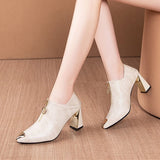 Graduation Gift Big Sale  Sexy High Heels Bare Boots 2022 Autumn New Fashion Women Shoes Square Black Zip Leather Ladies Shoes Metal Pointed Toe Pump 8472