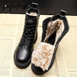 Christmas Gift Winter Boots Women Shoes Black Leather Boots Fur Ankle Booties Velvet Plush Warm Platform Shoes Fashion Designer Botas