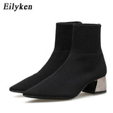 Christmas Gift Fashion Knitted Stretch Fabric Sewing Women Ankle Boots High Heels Square Heels Winter Pointed Toe Ladies Sock Boots