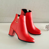 Female Comfortable Thick Heel Ankle Boots Fashion Buckle Zipper Boots Women Round Toe Fall Winter Shoes Black White