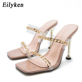 Christmas Gift Clear PVC Transparent High Heel Slippers Summer Fashion Chain Design Slip On Square Toe Slides Women Mules Pumps