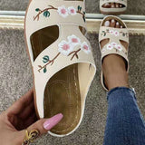 Rimocy Fashion Embroider Soft Slippers Women Summer Open Toe Flock Comfort Beach Shoes Mujer 2021 Outdoor Thick Bottom Slippers