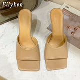 Christmas Gift 2022 New Summer Women's Mules Slippers Elegant Square Toe High Heels Slippers Ladies Slides Shoes Femme Zapatos Mujer