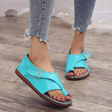 Lourdasprec 2022 New Women PU Leather Sandals Fashion Peep Toe Buckle Design Roman Sandals Women Flat Shoes Summer Beach Sandals Sandalia