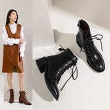 Lourdasprec Fall/Winter Women Shoes Square Toe Chunky Boots Split Leather Women Boots Lace Up Solid Women Plus Size Boots Modern Boots