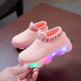Lourdasprec  Kids Sneakers Children Baby Girls Boys Letter Mesh Led Luminous Socks Sport Run Sneakers Shoes Sapato Infantil Light Up Shoes