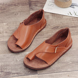 Lourdasprec 2022 New Women PU Leather Sandals Fashion Peep Toe Buckle Design Roman Sandals Women Flat Shoes Summer Beach Sandals Sandalia