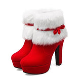 Christmas Gift Winter Women Boots Christmas Ankle Boots High Heels Ladies Shoes Femme Warm Short Boots Red Black Shoes Plus Size 35-43